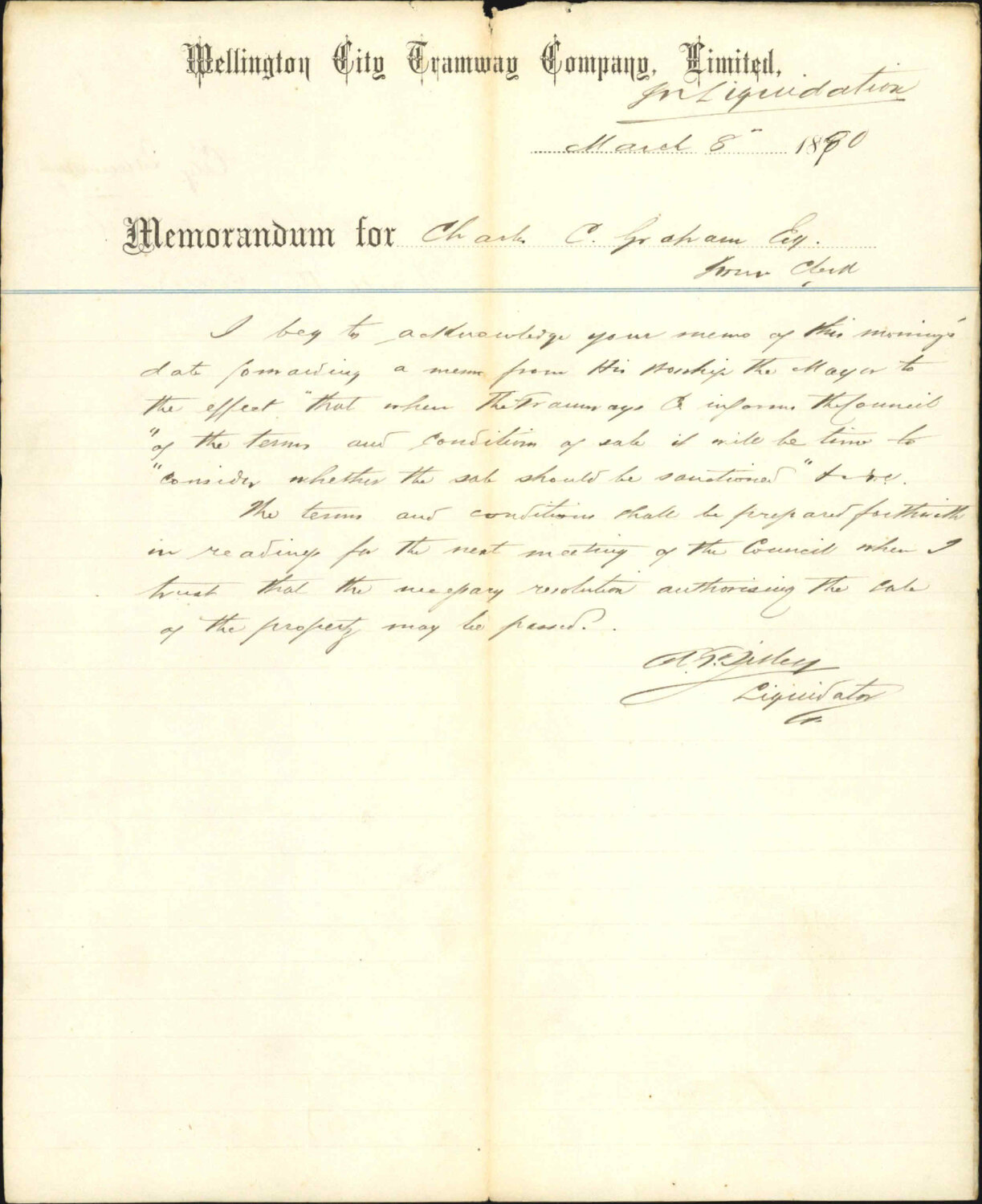 City Tramways Company, regarding application to Council for leave to sell