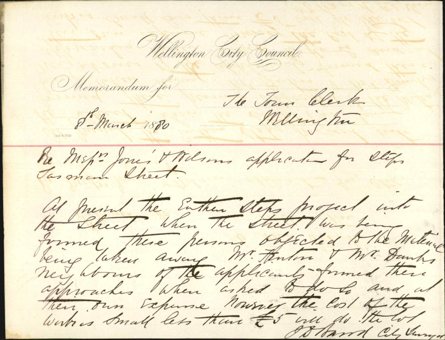 City Surveyor, regarding Jones and Wilson's application for steps in Tasman Street