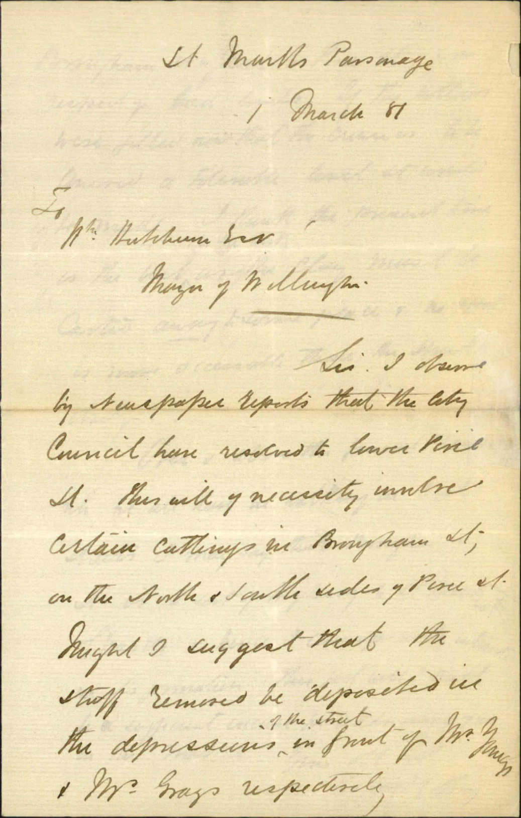 Rev Richard Coffey, regarding lowering of Pirie Street