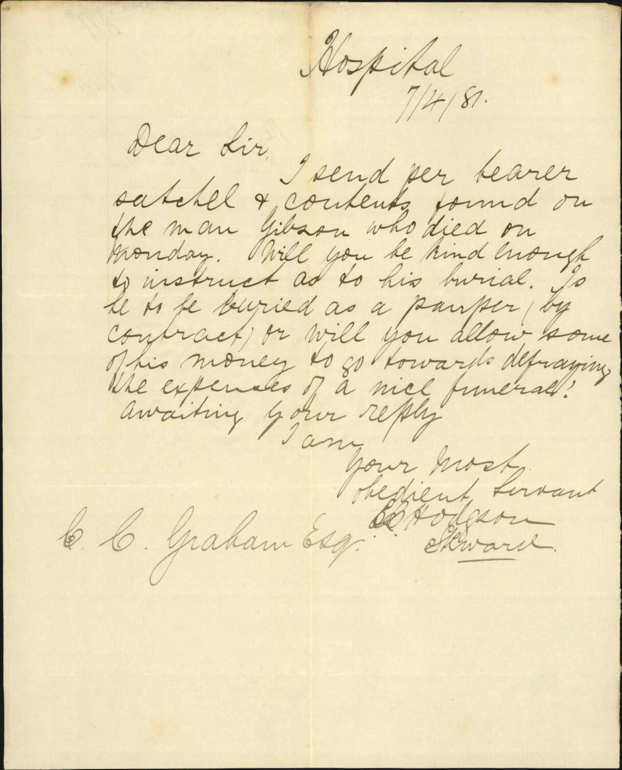 Hospital, regarding burial of deceased patient, William Gibson