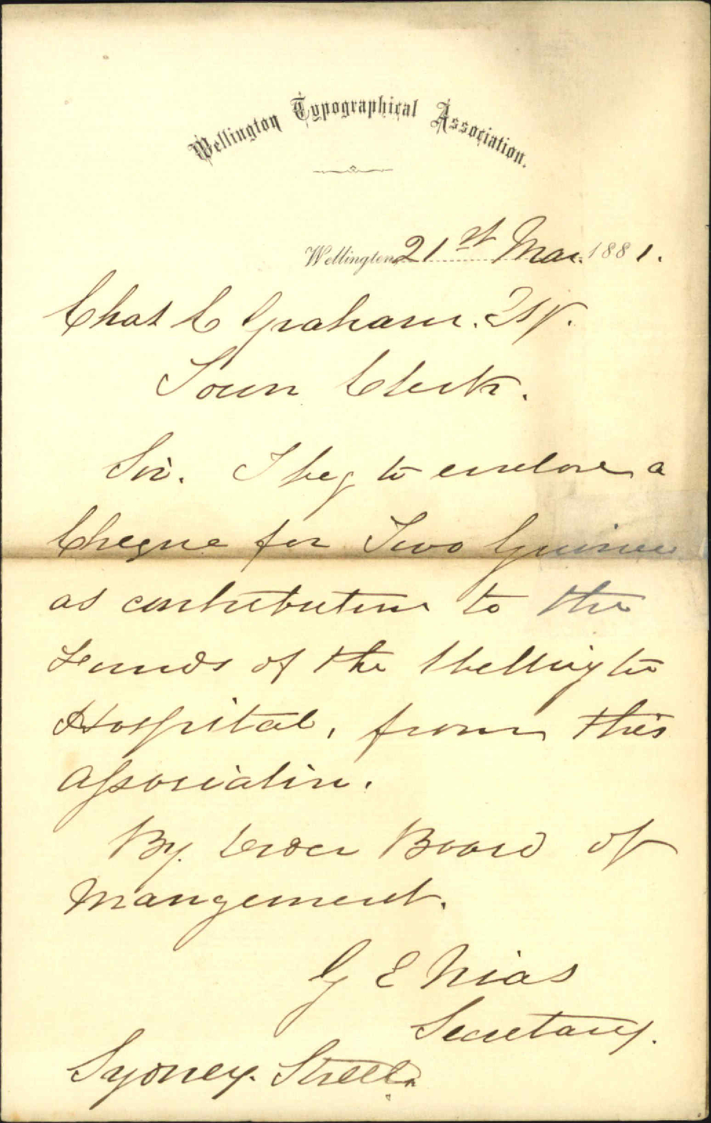 Wellington Typographical Association, financing submitted to the Wellington Hospital