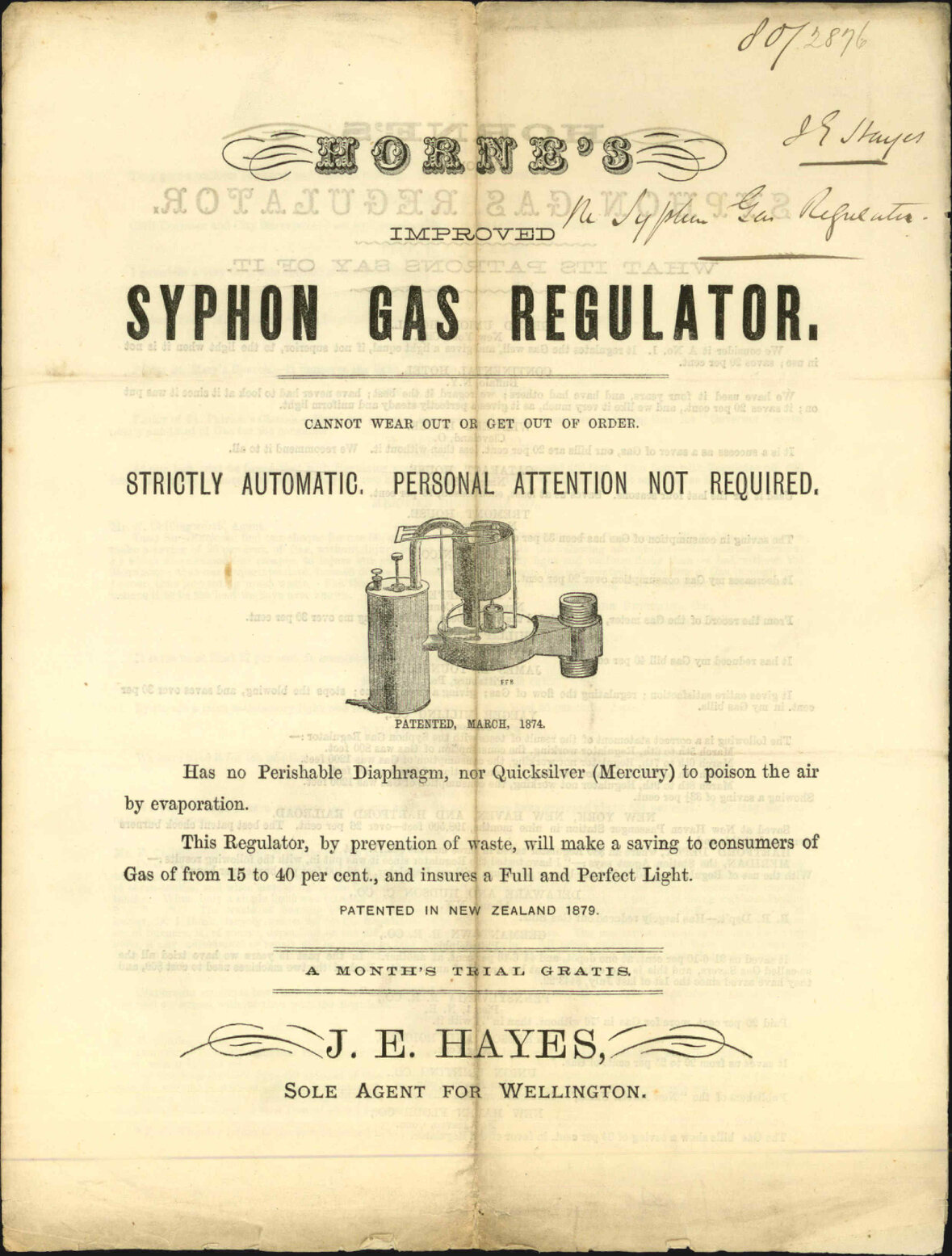 J E Hayes, regarding Syphon Gas Regulator