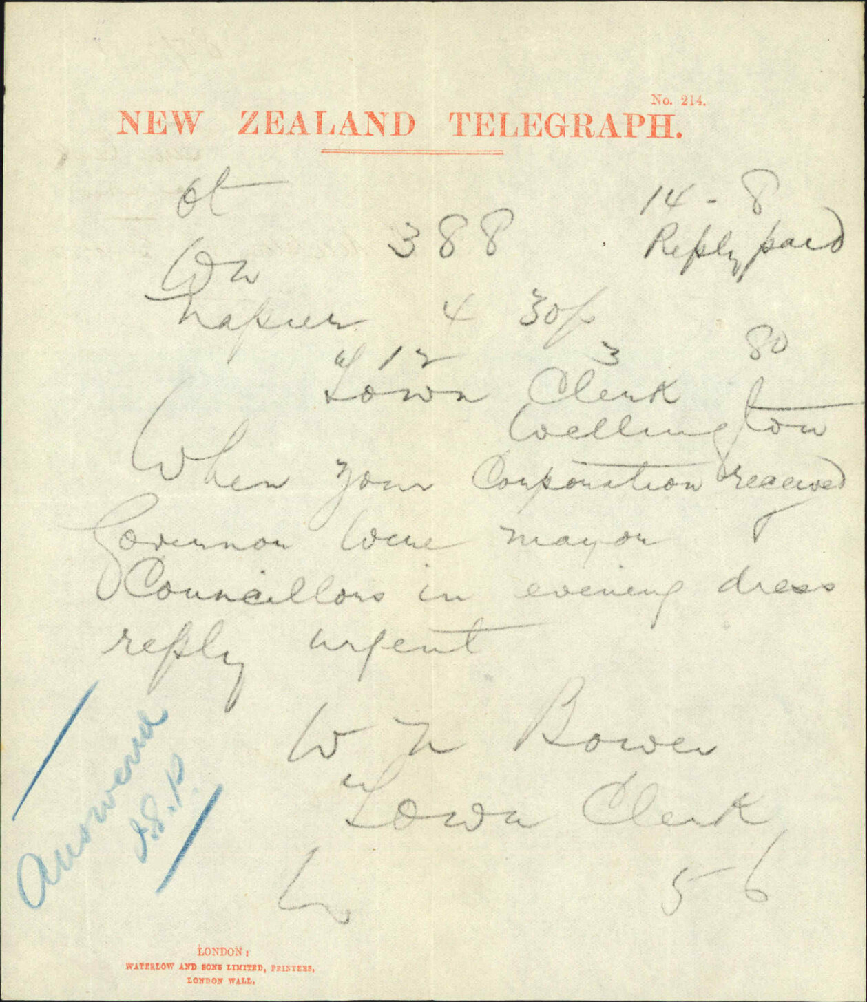 Town Clerk Napier, regarding reception of Governor