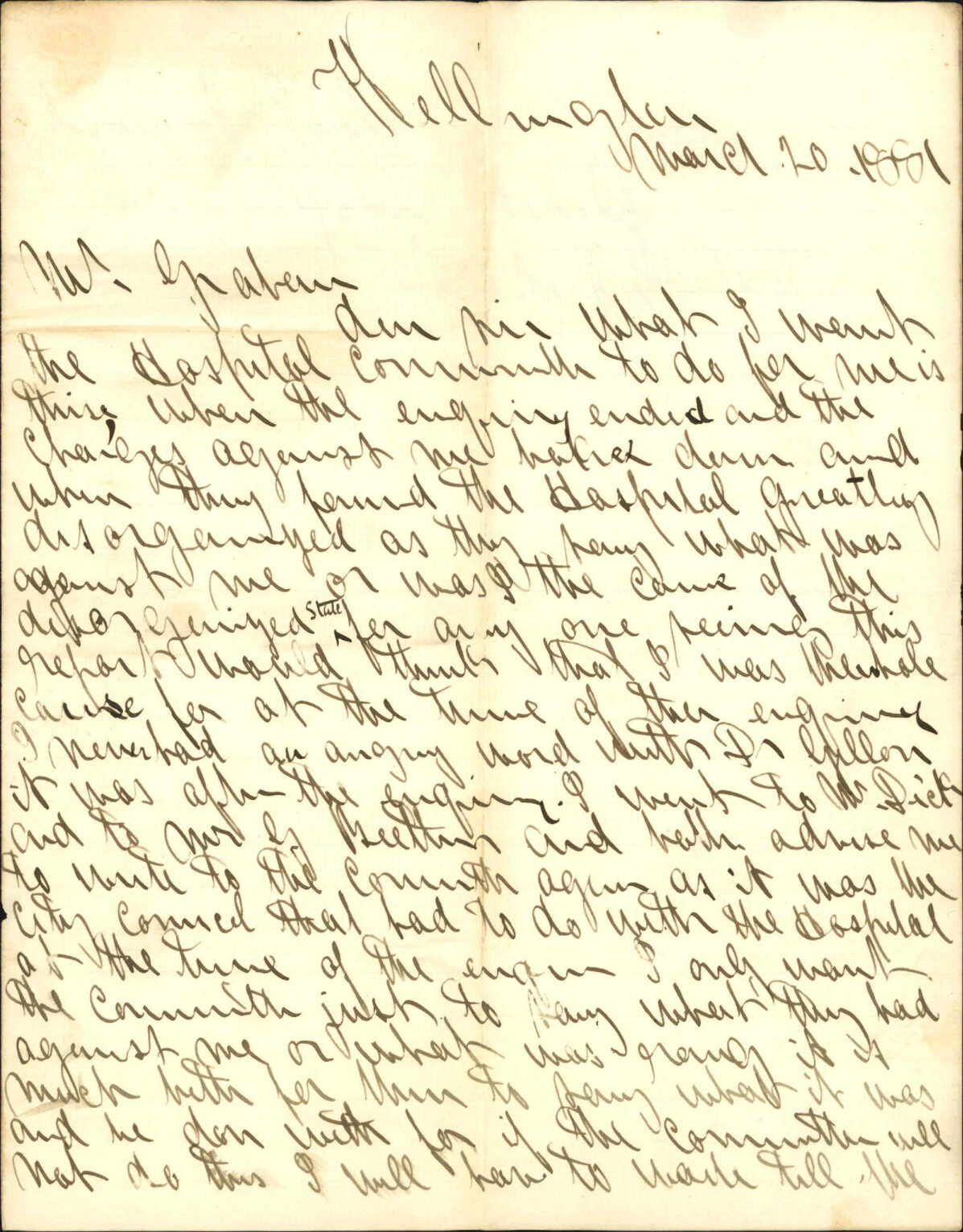 Miss S M Sutherland, further regarding late hospital enquiry