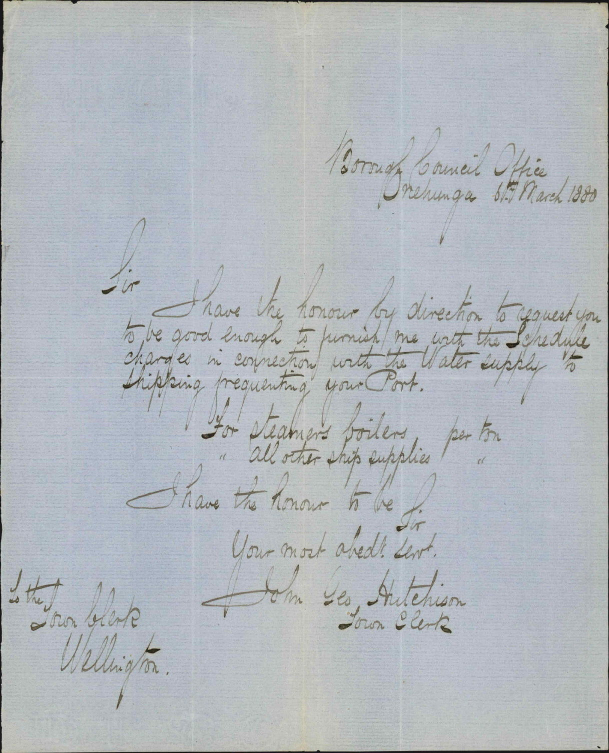 Town Clerk Onehunga, regarding charges for water supplied to ship
