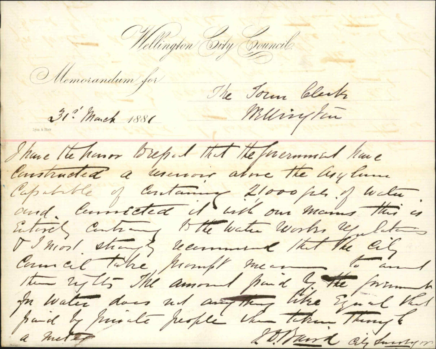 City Surveyor, regarding water supply to asylum and reservoir at same