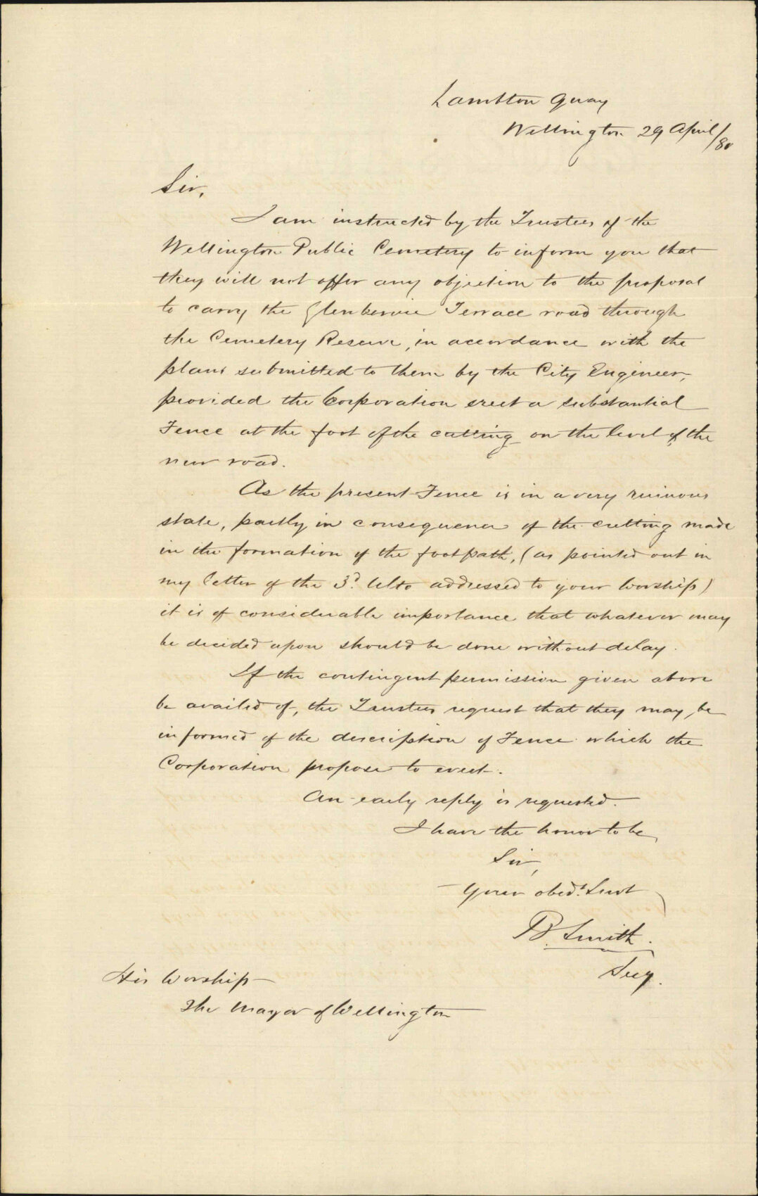 Trustees of the Wellington Public Cemetery, regarding road extension through cemetery reserve