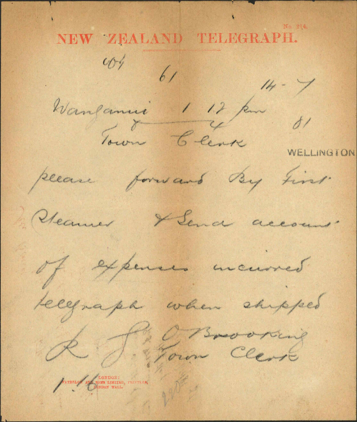 Town Clerk, Wanganui, asking for loan of certain pipes