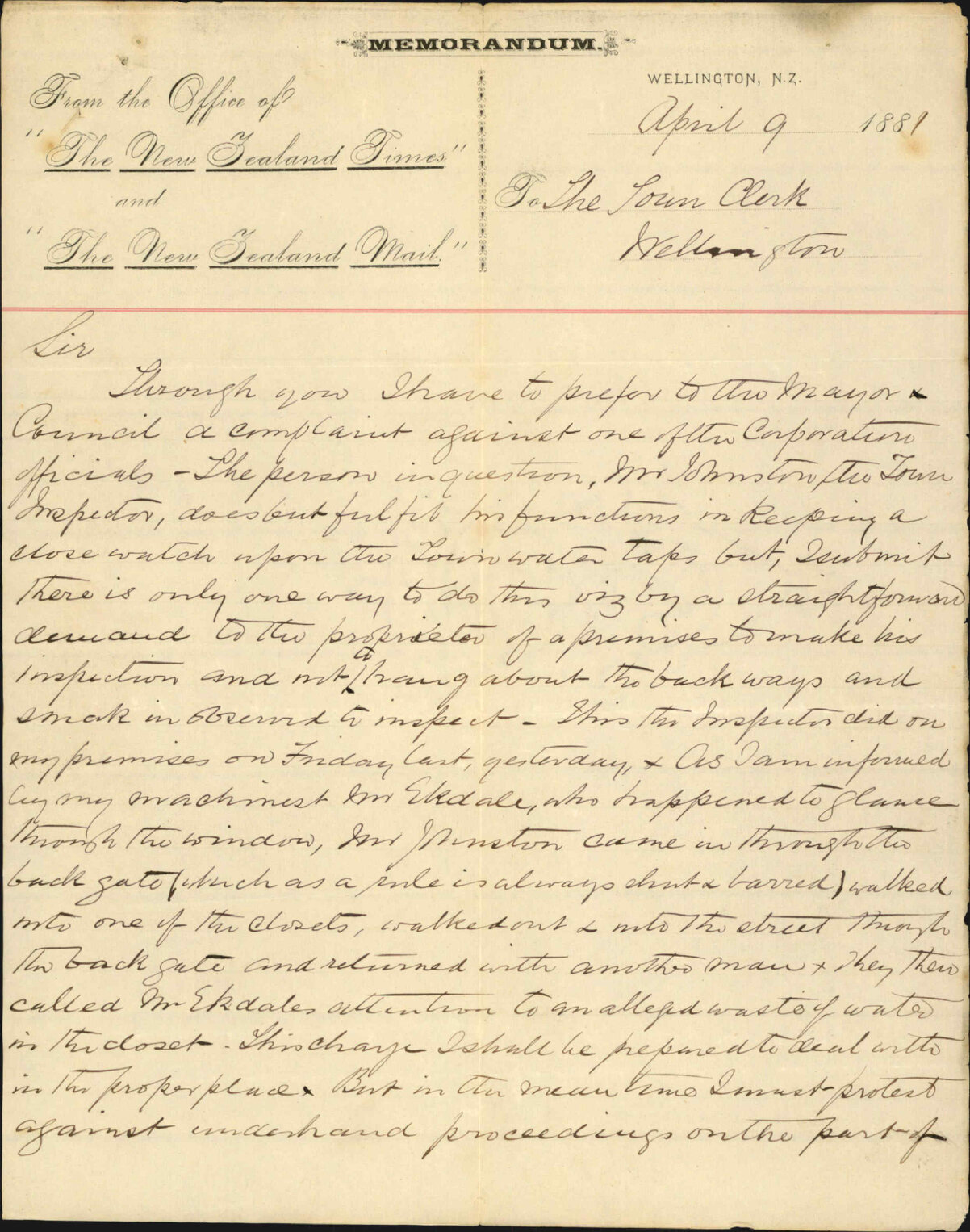 J C Harris, complaint against Inspector of Nuisances