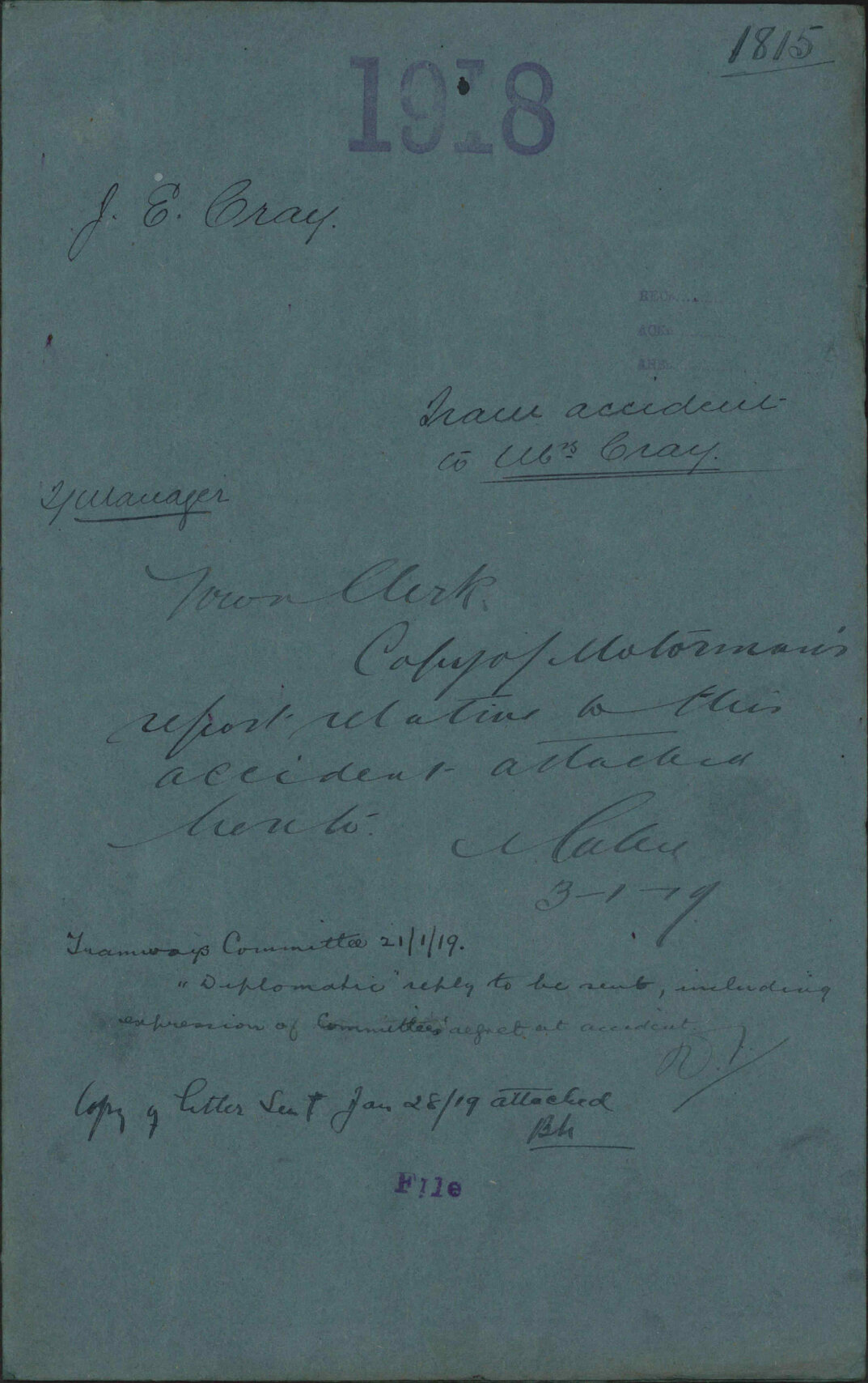 Tram accident to Mrs Cray - J E Cray