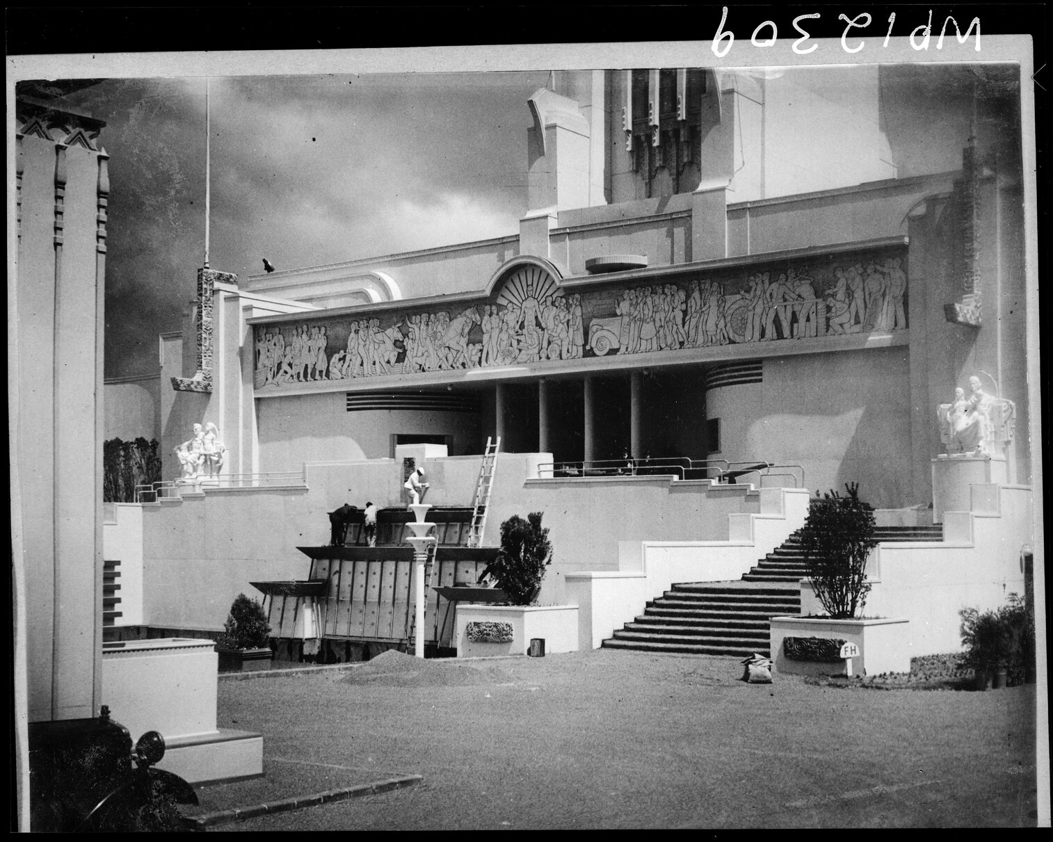 View of the base of the Centennial Tower, and the waterfall under construction, Centennial Exhibition