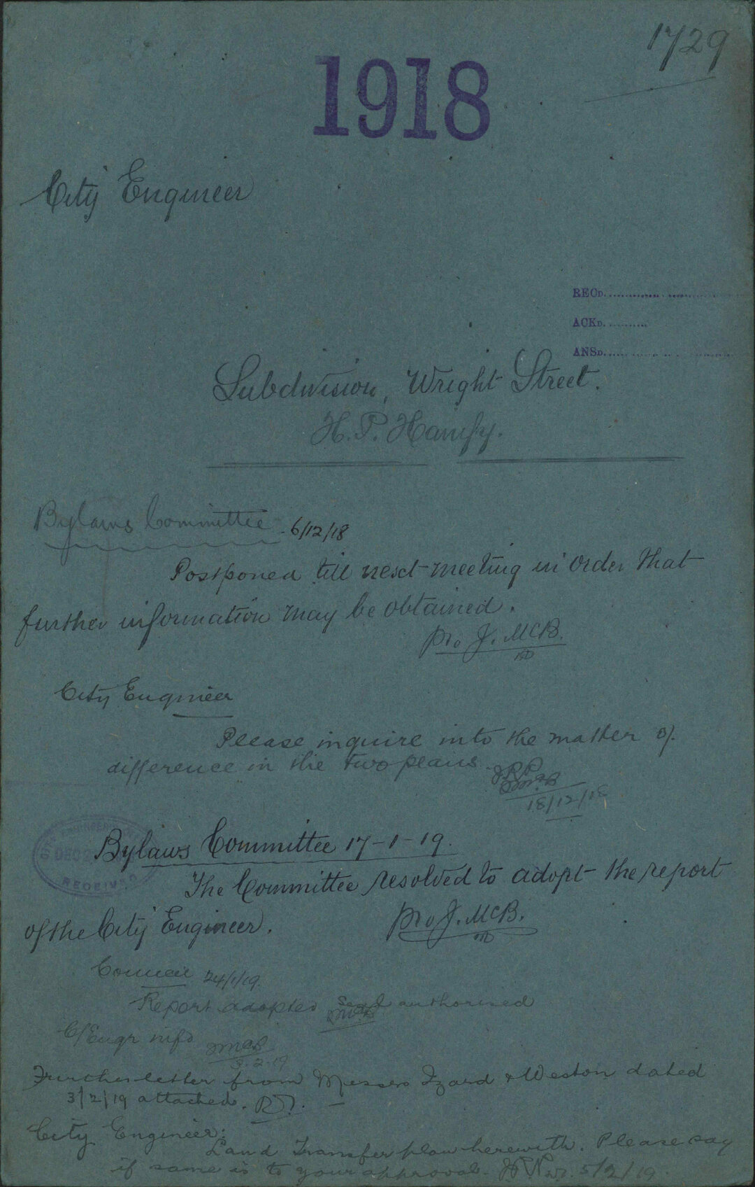 Subdivision, Wright Street, H P Hanify - City Engineer