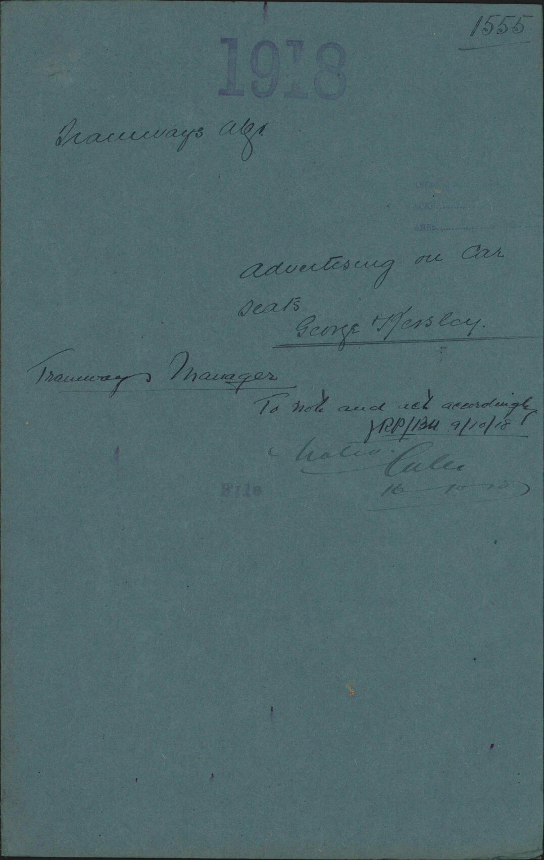 Advertising on car seats, George &amp; Kersley - Tramways Manager