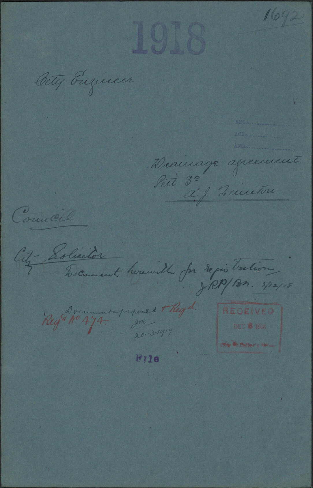 Drainage agreement, Pitt Street, A J Quinton - City Engineer
