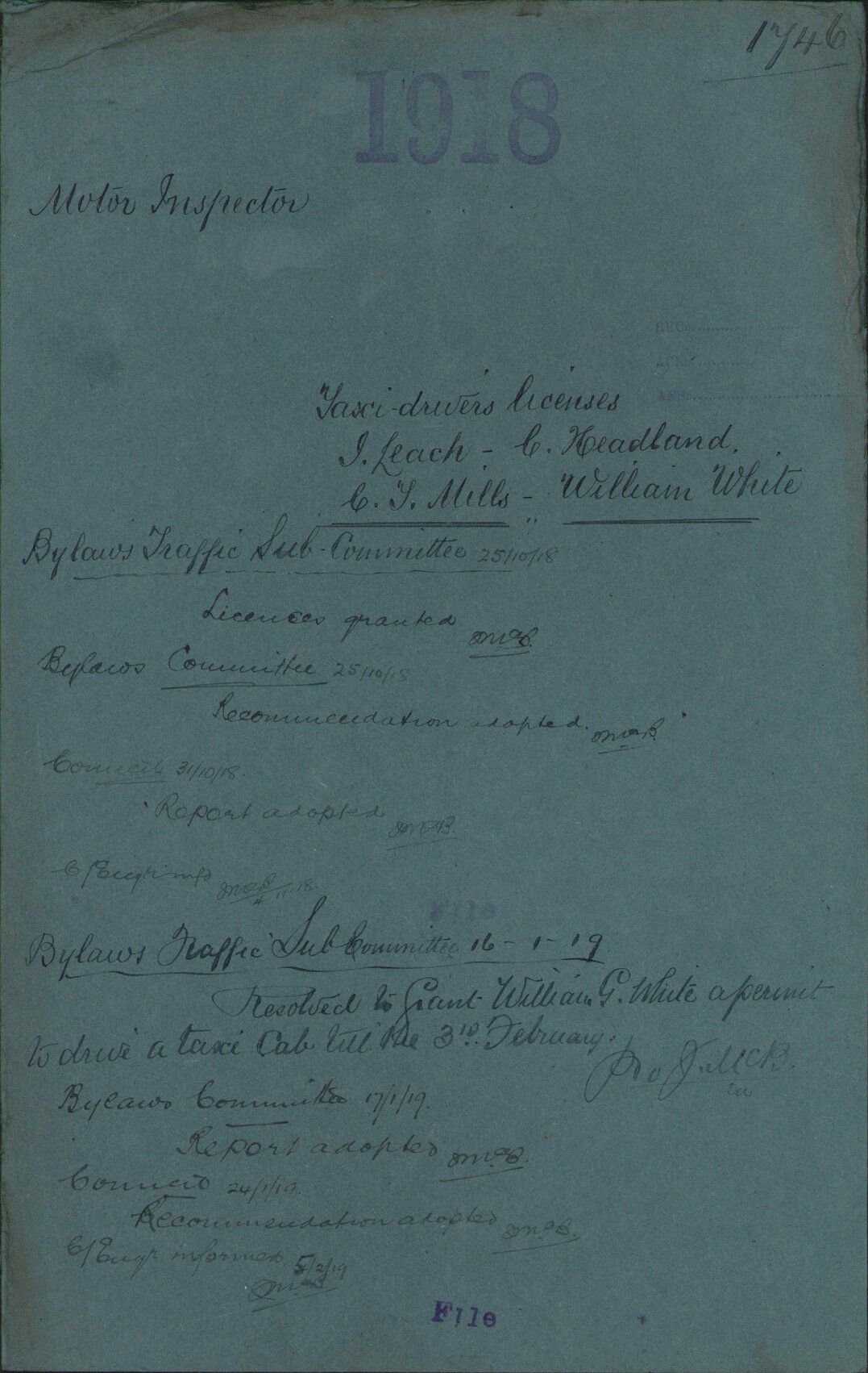 Taxi Drivers licenses, J Leach, C Headland, C T Mills, William White - Motor Inspector