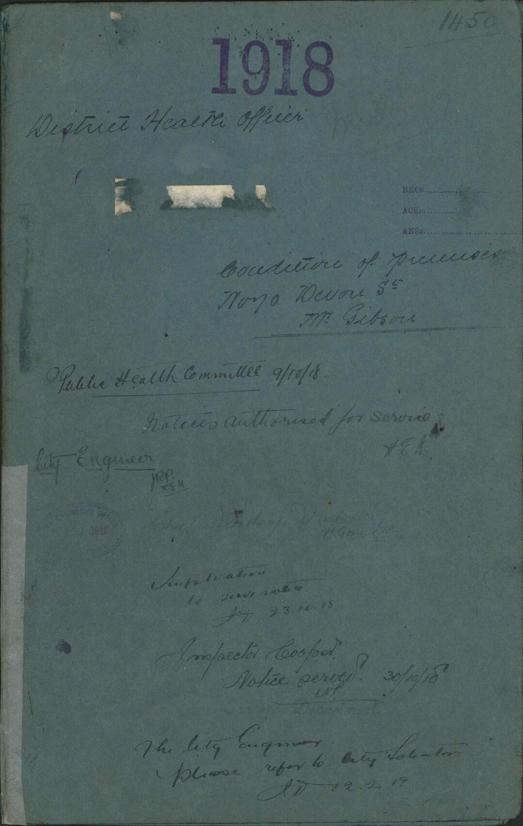 Condition of premises, 70 Devon Street, Mr Gibson - District Health Officer