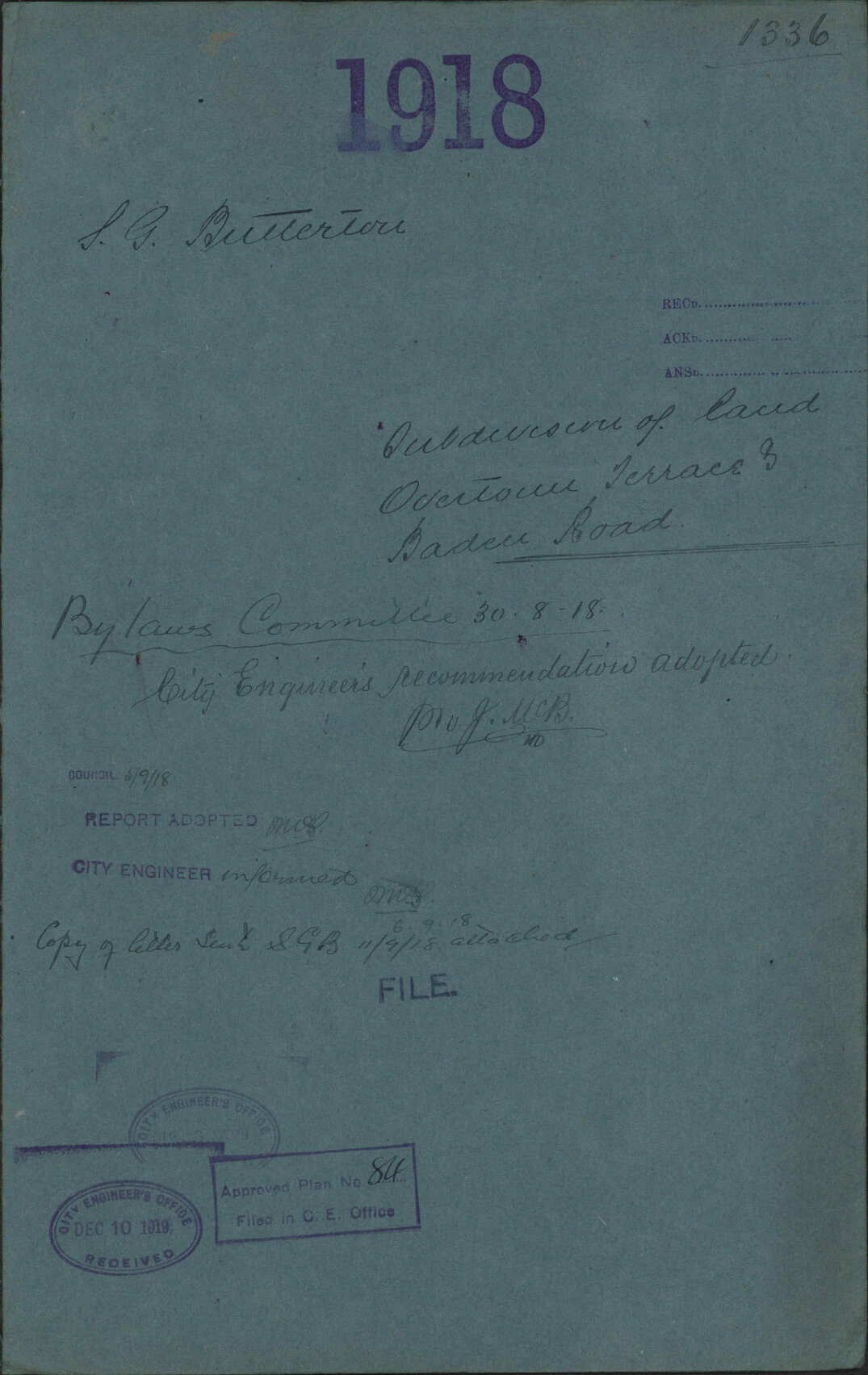 Subdivision of land, Overtoun Terrace and Baden Road - S G Butterton