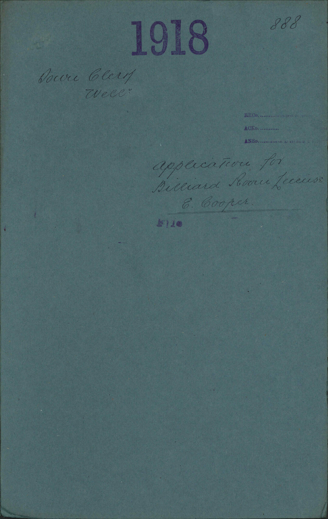 Application for Billiard Room License, E Cooper - Town Clerk, Wellington
