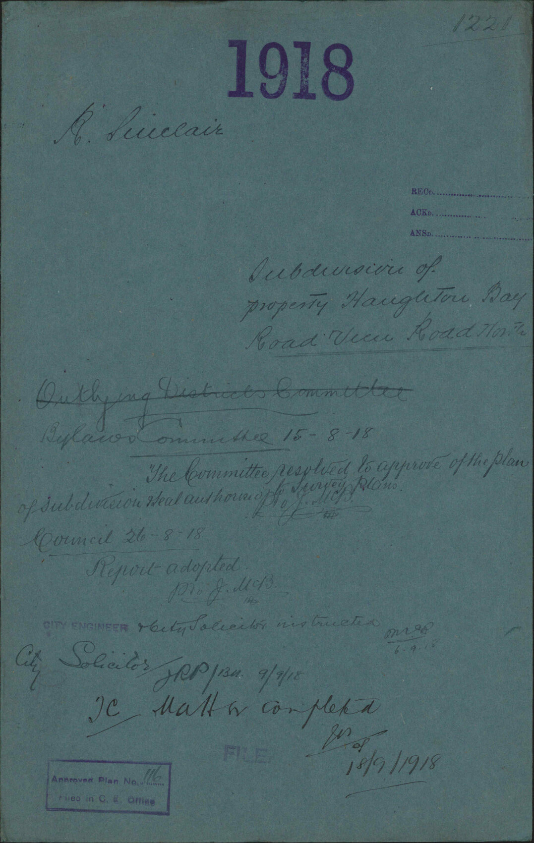 Subdivision of property, Houghton Bay Road and View Road North - R Sinclair