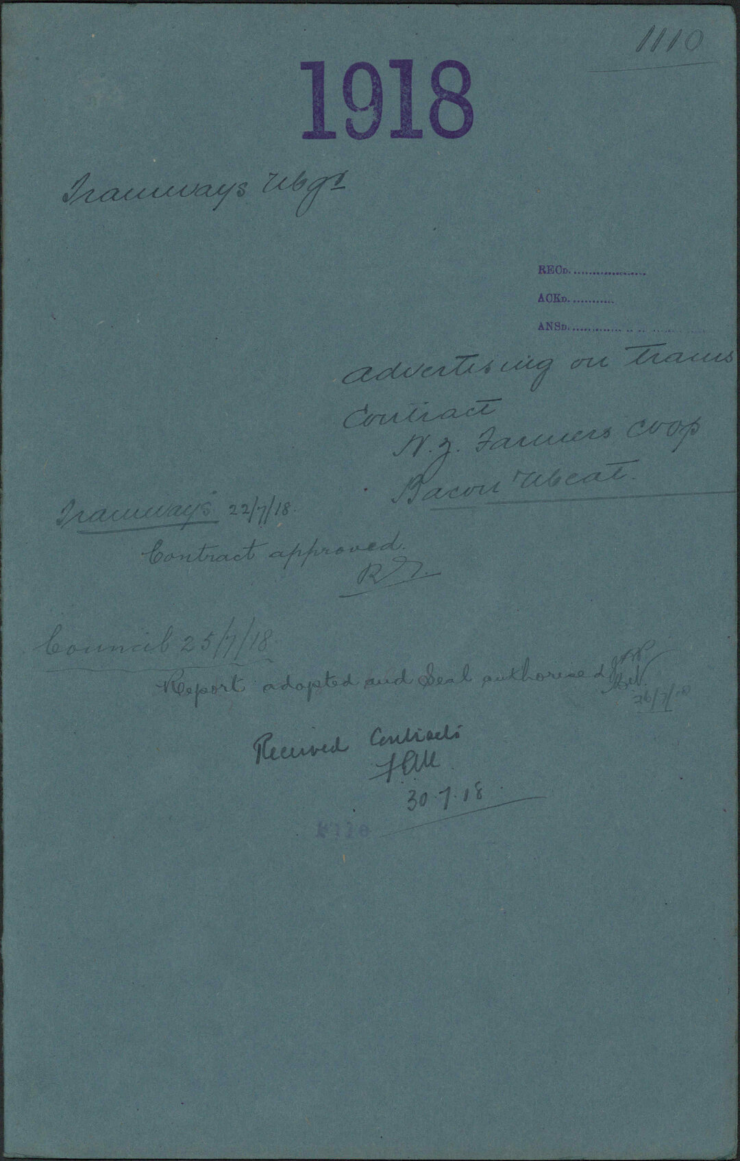Advertising on trams contract, New Zealand Farmers Co-op Bacon &amp; Meat - Tramways Manager