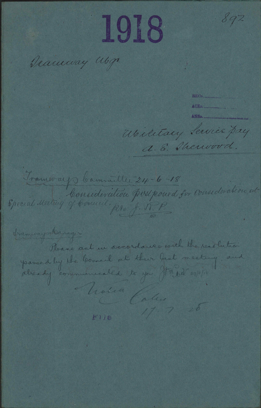 Military Service Pay, A E Sherwood - Tramways Manager