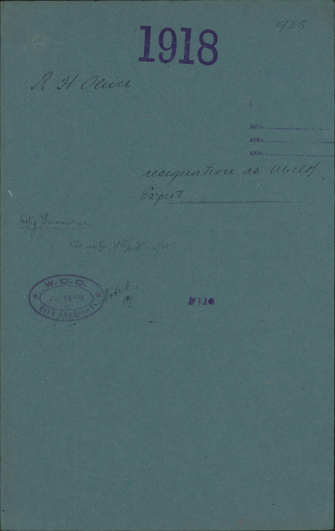 Resignation as Milk Expert - R H Oliver
