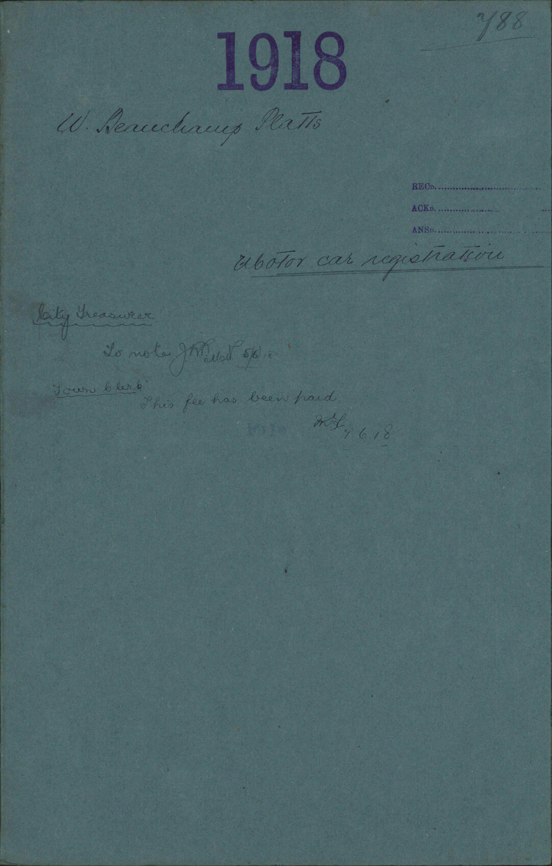 Motor car registration - W Beauchamp Platts