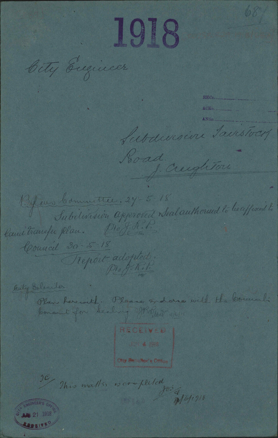Subdivision, Tavistock Road, J Creighton - City Engineer