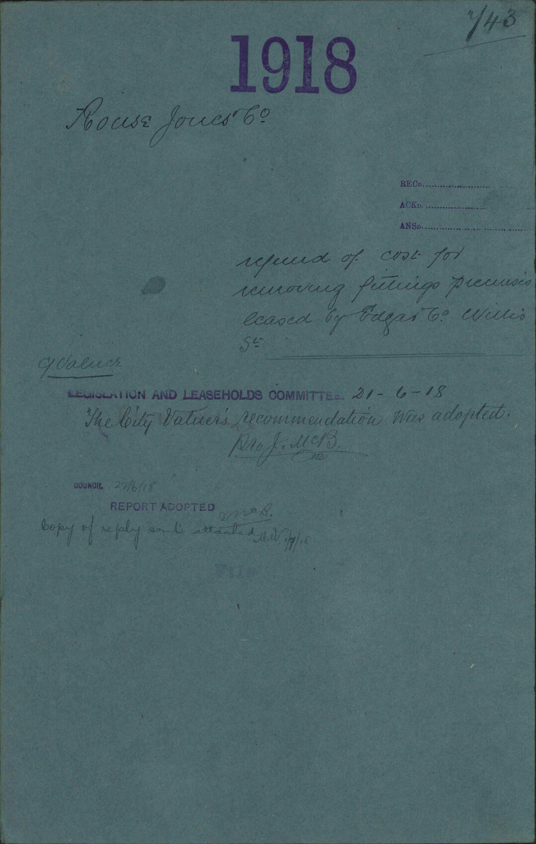 Refund of cost for removing fittings, premises leased by Edgar &amp; Co, Willis Street - Rouse Jones &amp; Co