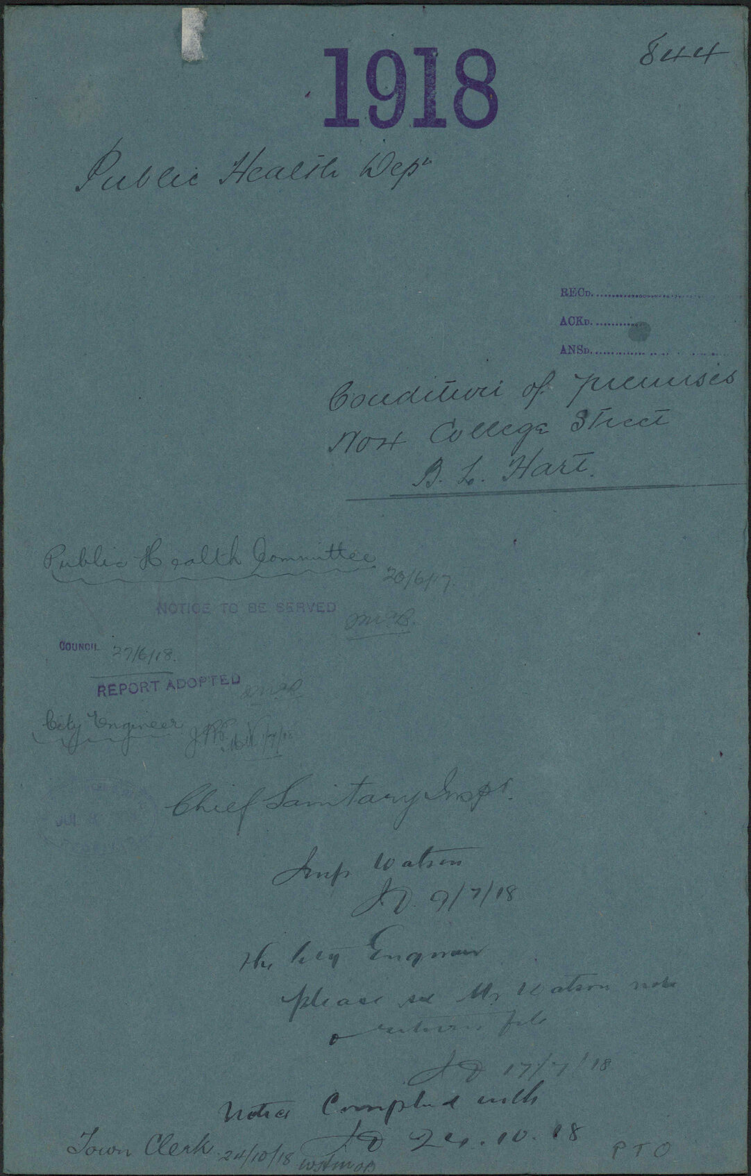 Condition of premises, 4 College Street, B L Hart - Public Health Department