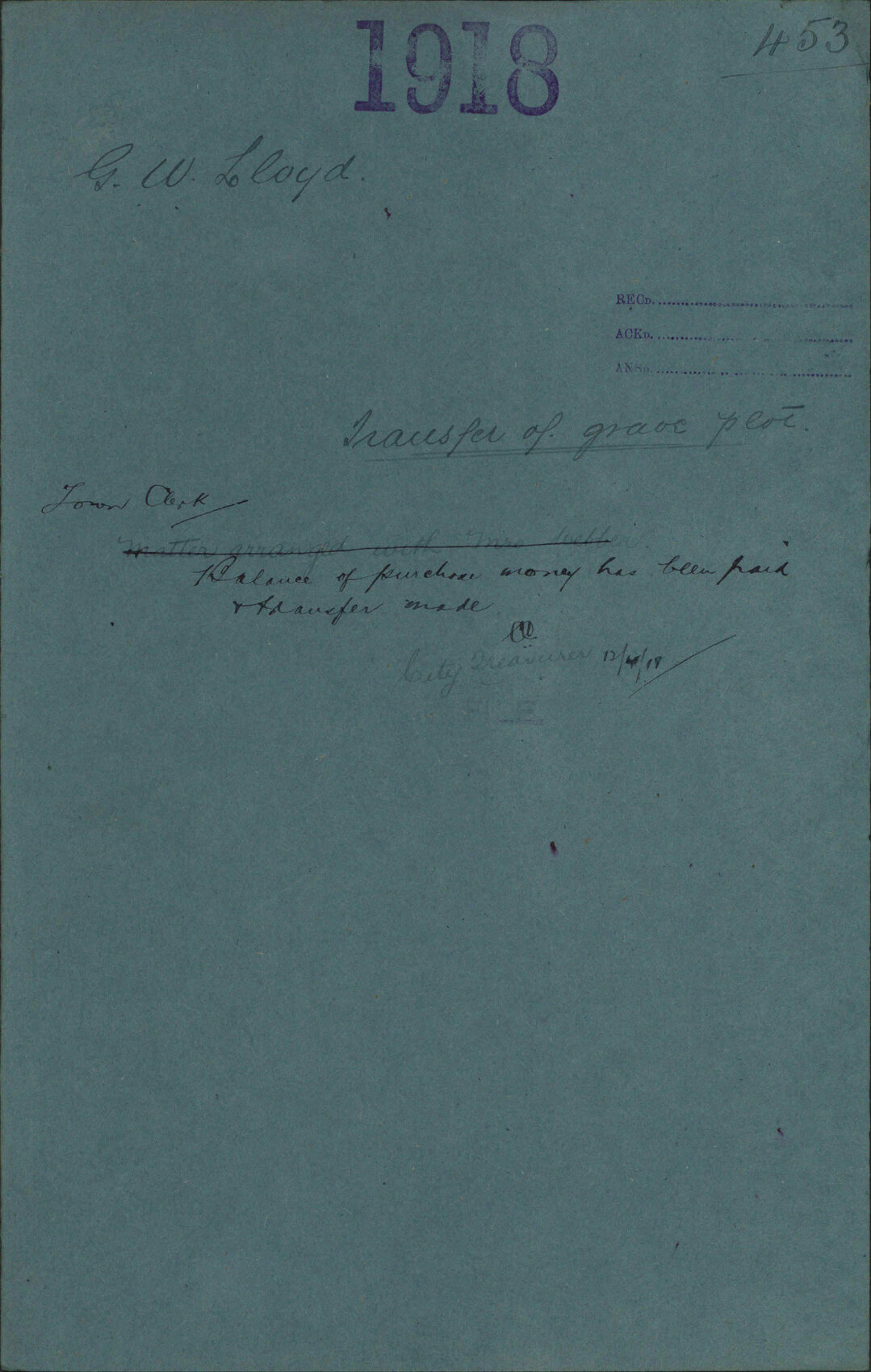 Transfer of grave plot - G W Lloyd