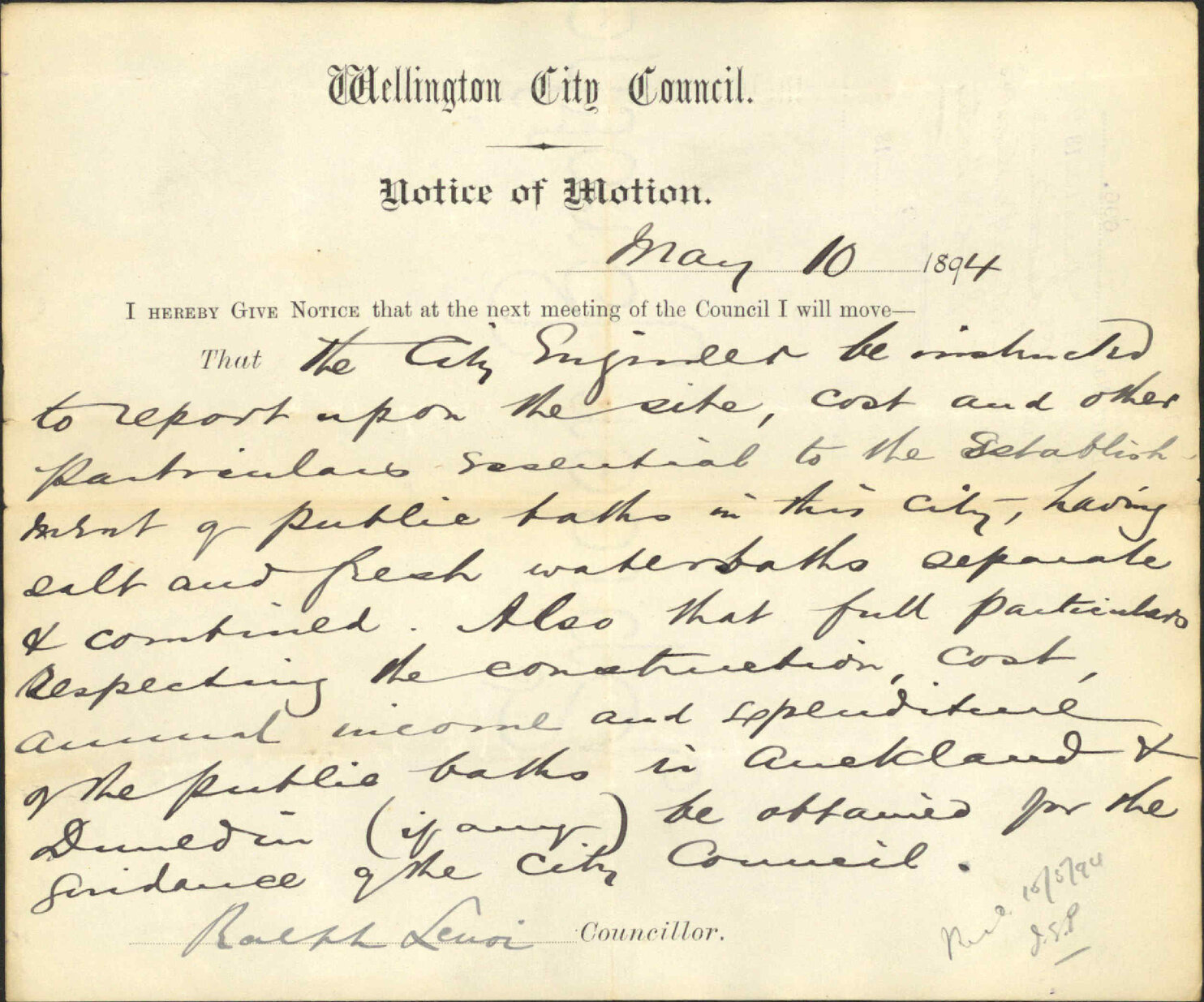 Notice of motion regarding public baths - Councillor Levoi