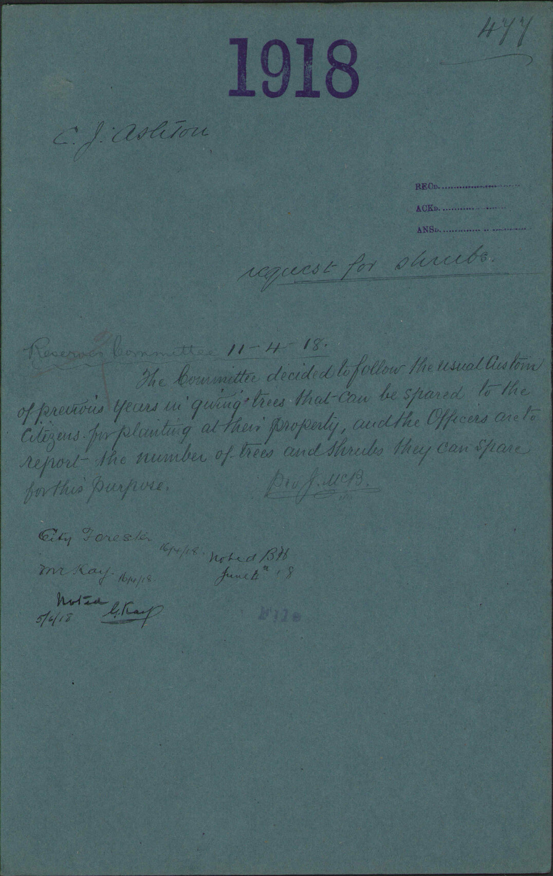Request for shrubs - C J Ashton