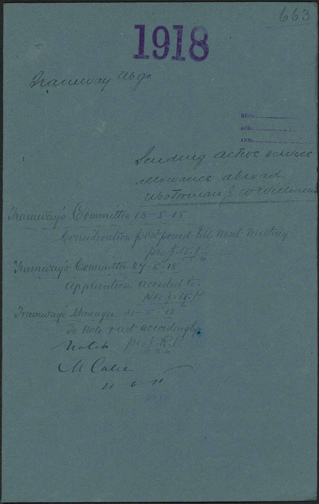 Sending Active Service Allowance abroad, Motorman J W Williams - Tramway Manager