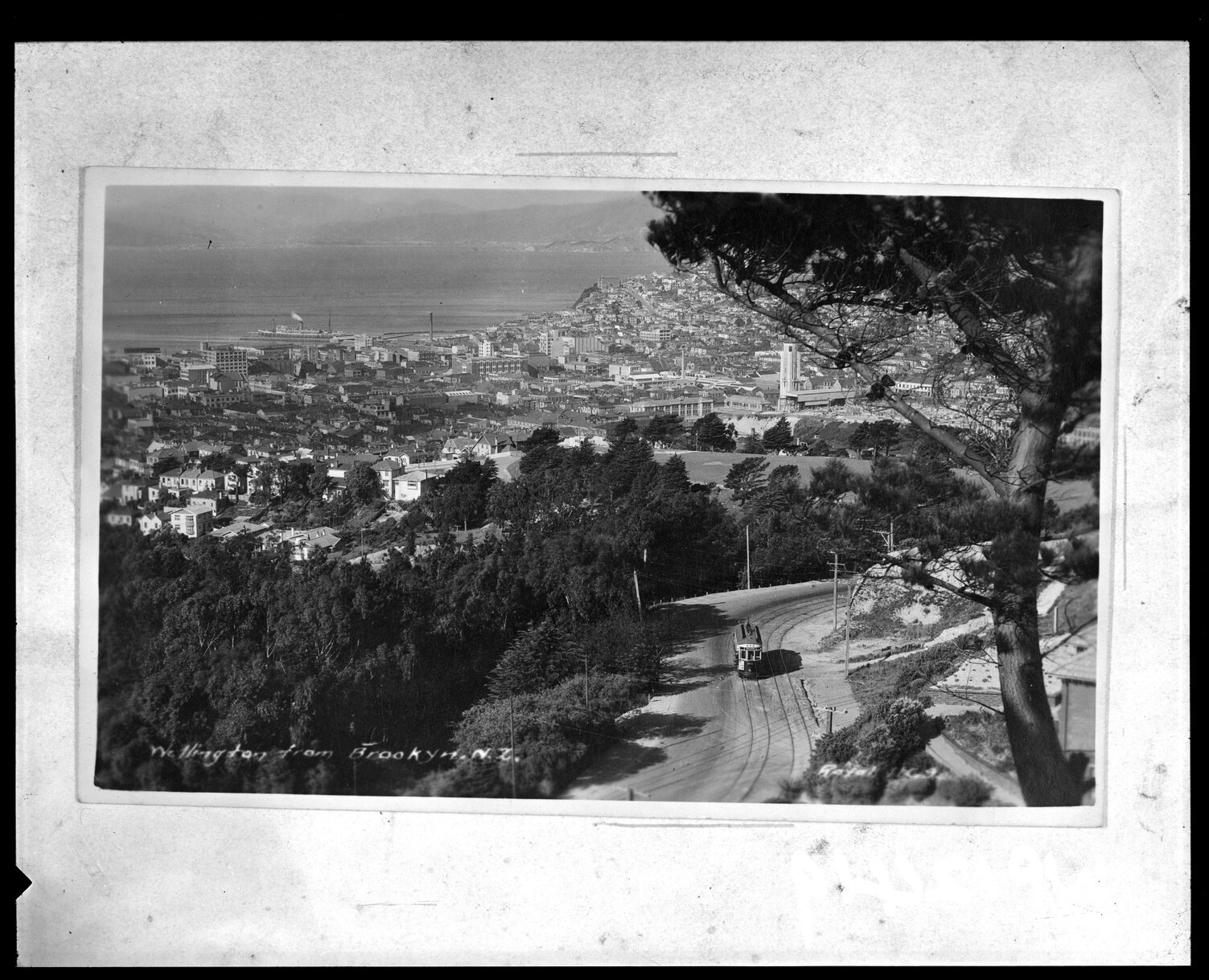 Tramcar descending Brooklyn Road, Te Aro in the background