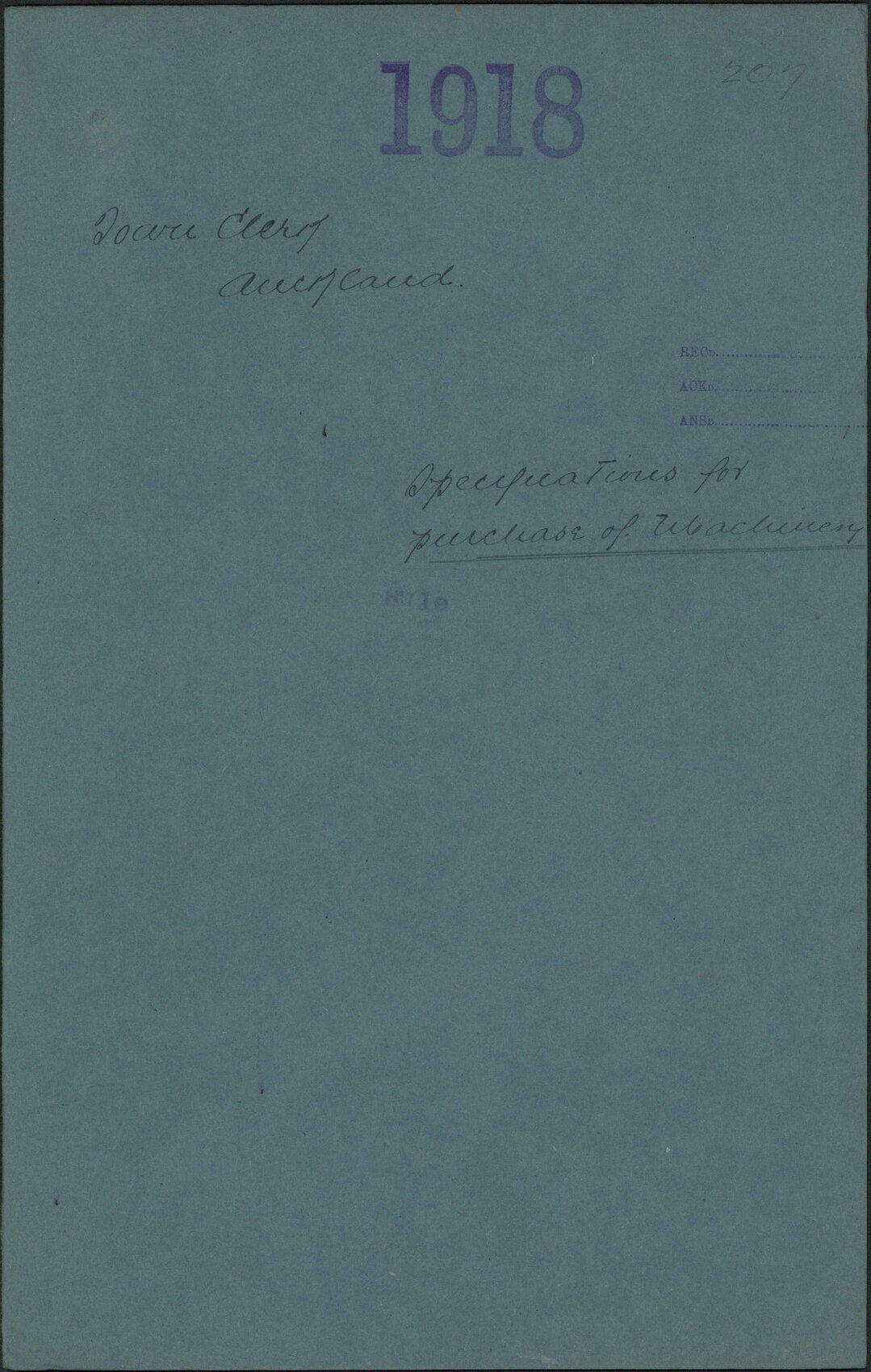 Specifications for purchase of machinery - Town Clerk, Auckland