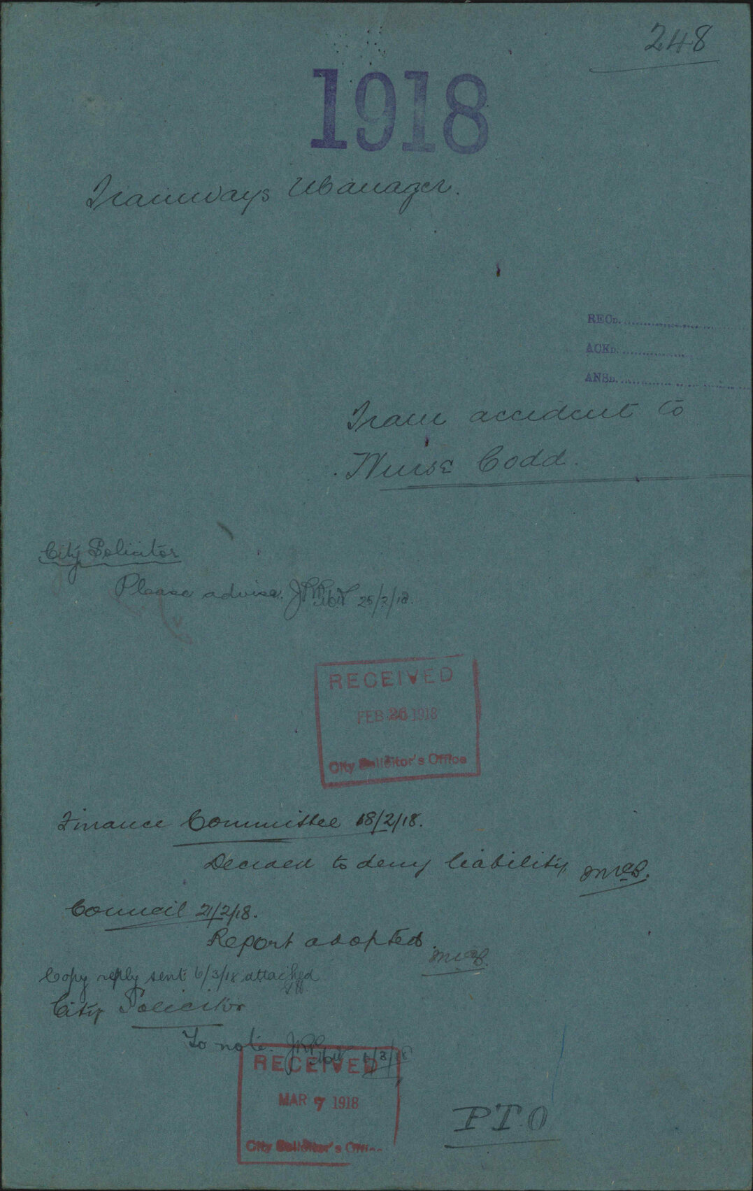 Tram accident to Nurse Codd - Tramways Manager