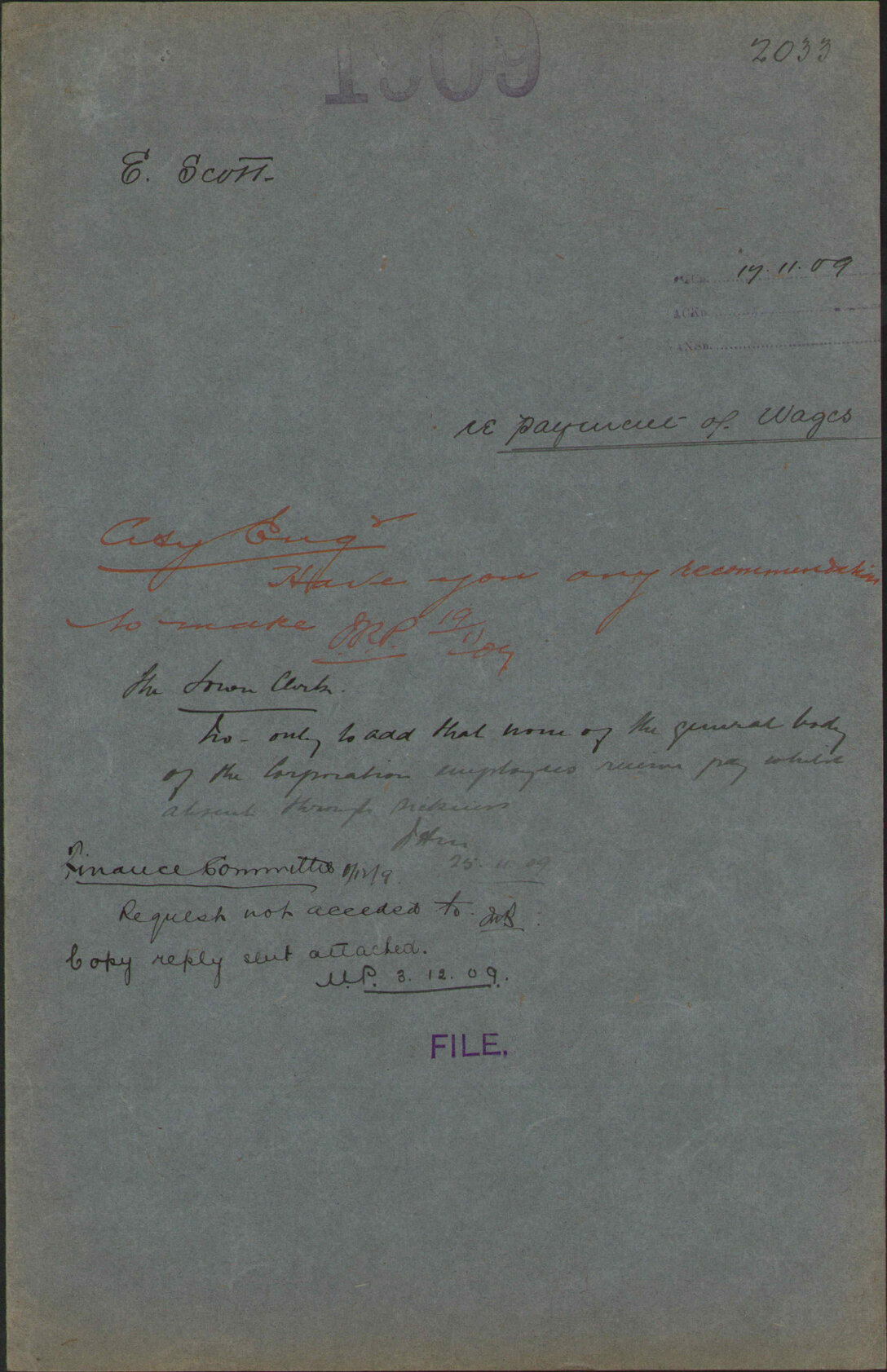 Re payment of wages - E Scott