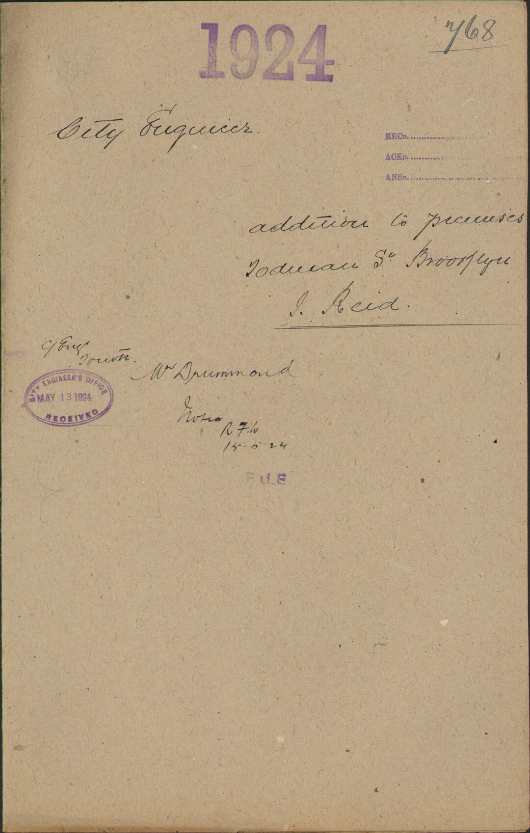 Addition to premises, Todman Street, Brooklyn, J Reid - City Engineer
