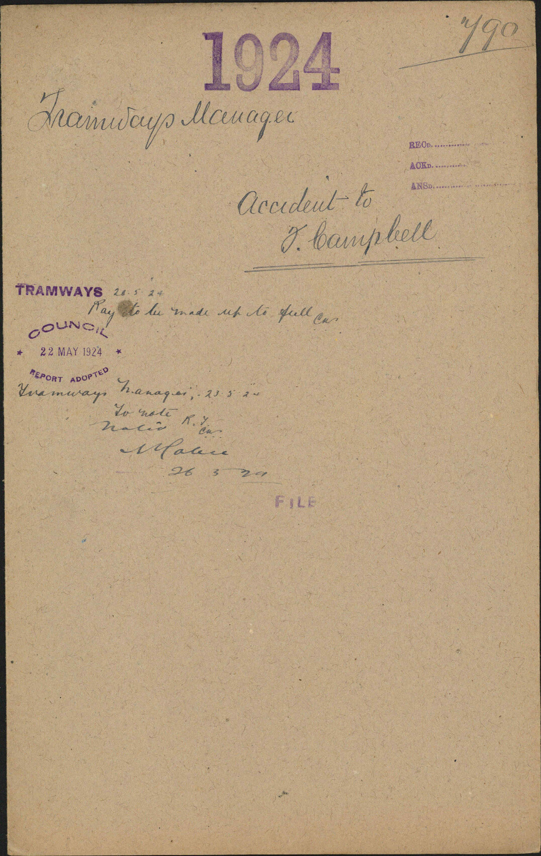 Accident to F Campbell - Tramways Manager