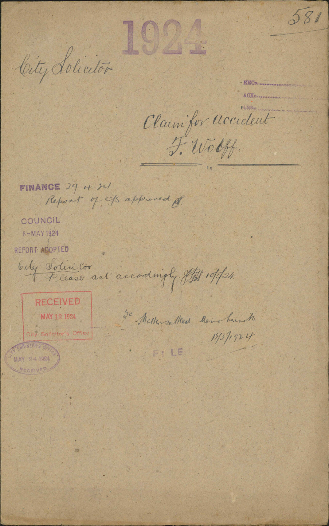 Claim for accident, F Wolff - City Solicitor