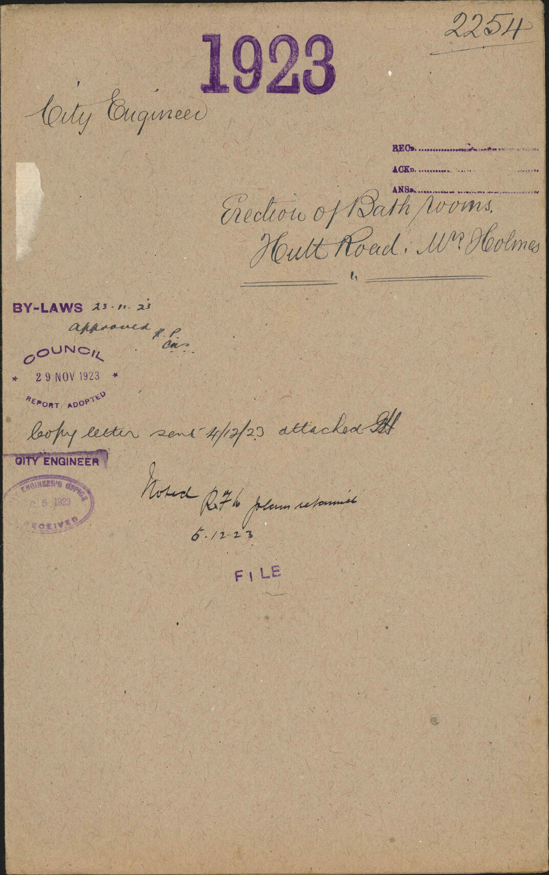 Erection of bath rooms, Hutt Road, Mrs Holmes - City Engineer