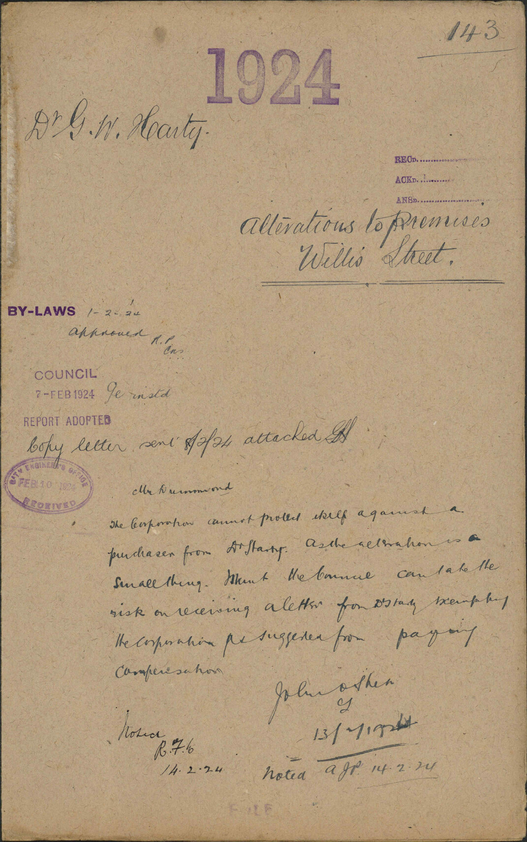 Alterations to premises, Willis Street - Dr G W Harty