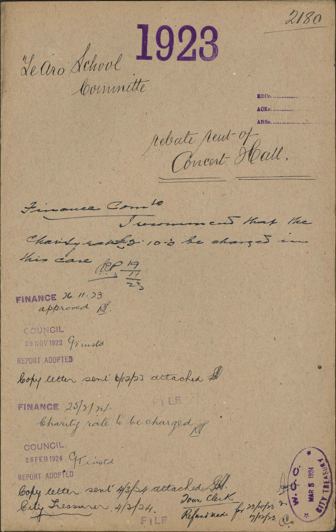 Rebate rent of Concert Hall - Te Aro School Committee