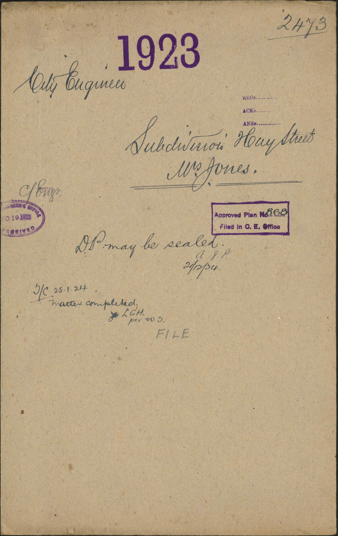 Subdivision, Hay Street, Mrs Jones - City Engineer