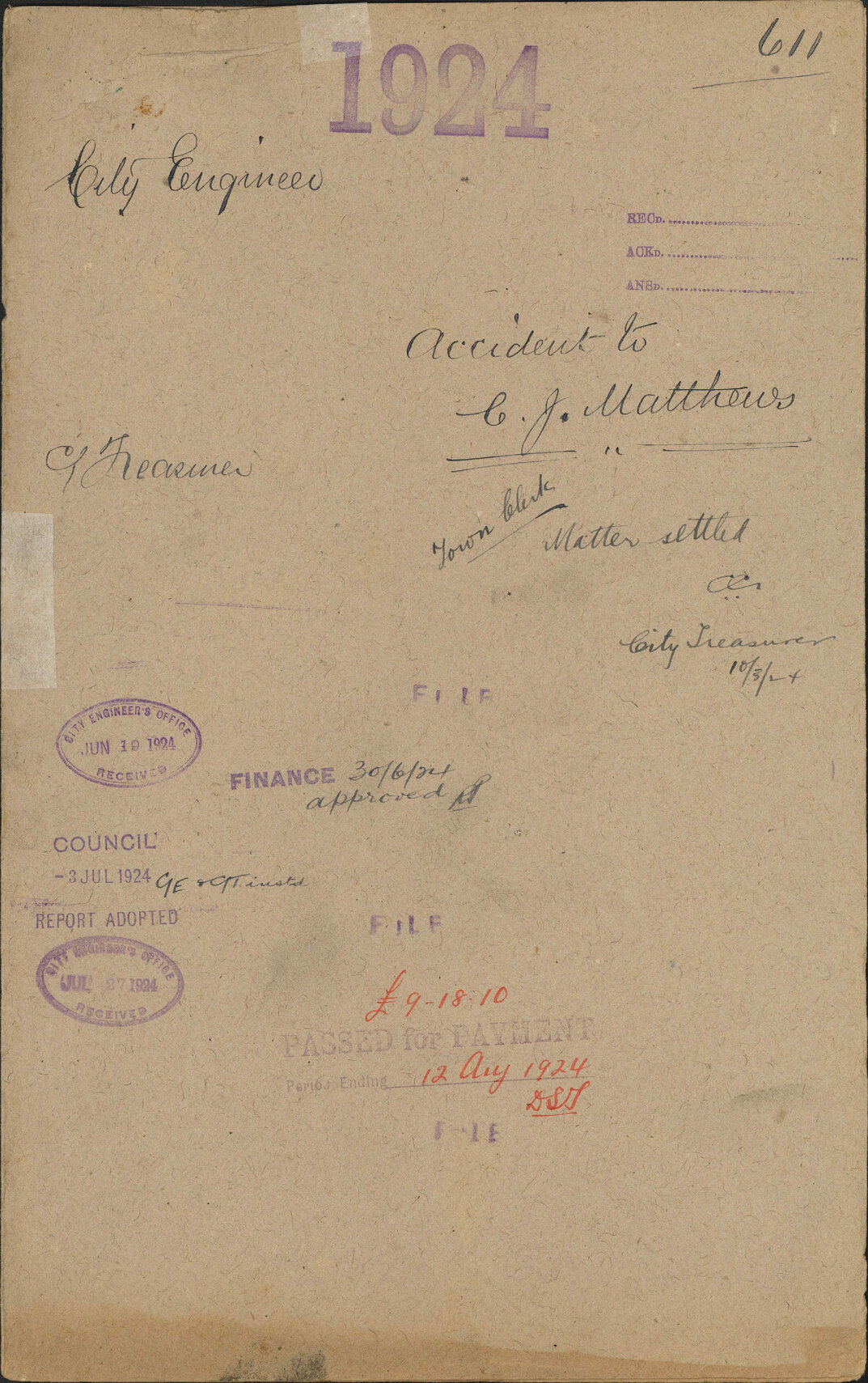 Accident to C J Matthews - City Engineer