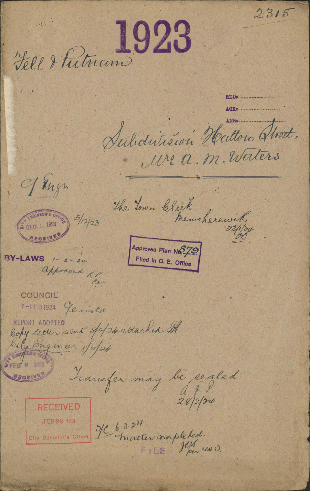 Subdivision, Hatton Street, Mrs A M Waters - Fell and Putnam