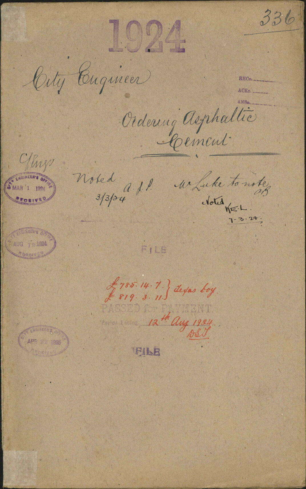 Ordering asphaltic cement - City Engineer