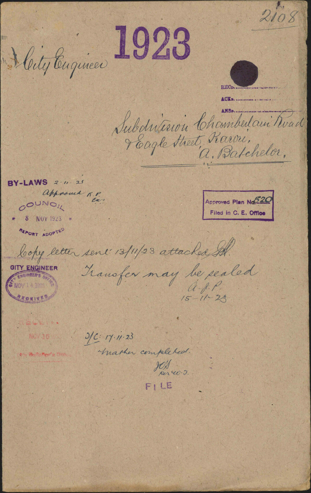 Subdivision, Chamberlain Road and Eagle Street, Karori, A Batchelor - City Engineer