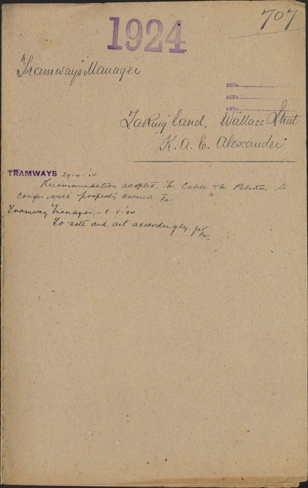 Taking land, Wallace Street, K A E Alexander - Tramways Manager